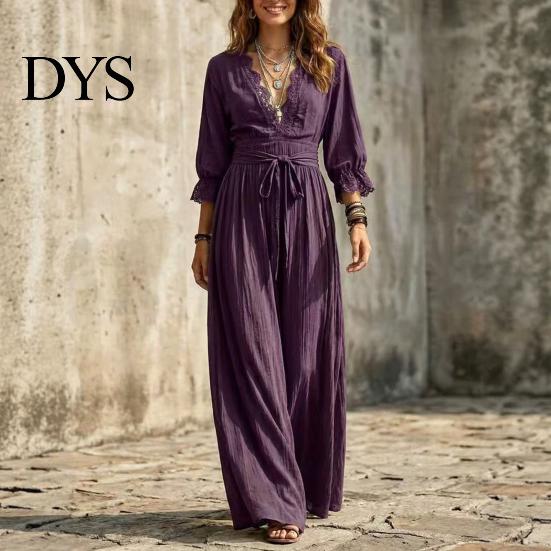 Solid Color Lace Dress Women V-Neck for Fall, 3/4 Sleeves Maxi with V Neck Belt, Loose Casual Long Vacation Daily Wear Belt