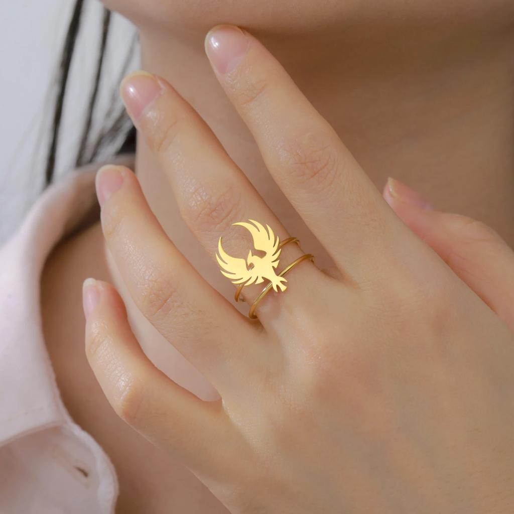 Phoenix Totem Women's Open Ring Stainless Steel Gold Animal Finger Rings Jewelry Gifts Trendy In