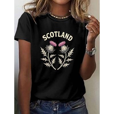 T-shirt da donna con stampa cardo scozzese, top casual girocollo a maniche corte