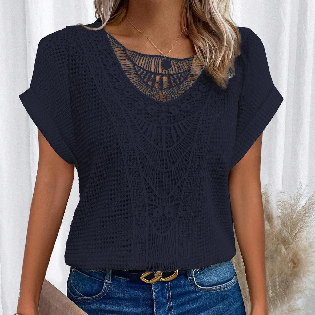 Dámské jarní a letní tričko s krajkovým prošíváním, jednobarevné tričko s krátkým rukávem