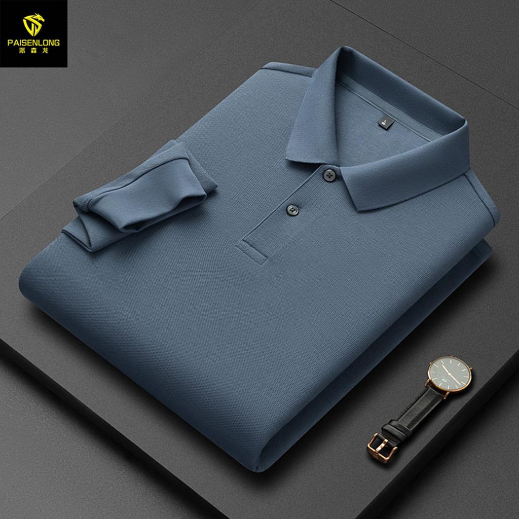 Autumn And Winter Lapel Slit Men'S Polo Shirt 100% Pure Cotton Hexagonal Beads Double-Sided Men'S Polo Shirt Long Sleeve