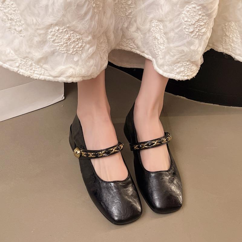 

Retro Low-heeled Single Shoes for Women, New Summer Fashion Gold Buckle Square Toe Comfortable High-heeled Shoes 35 чёрный