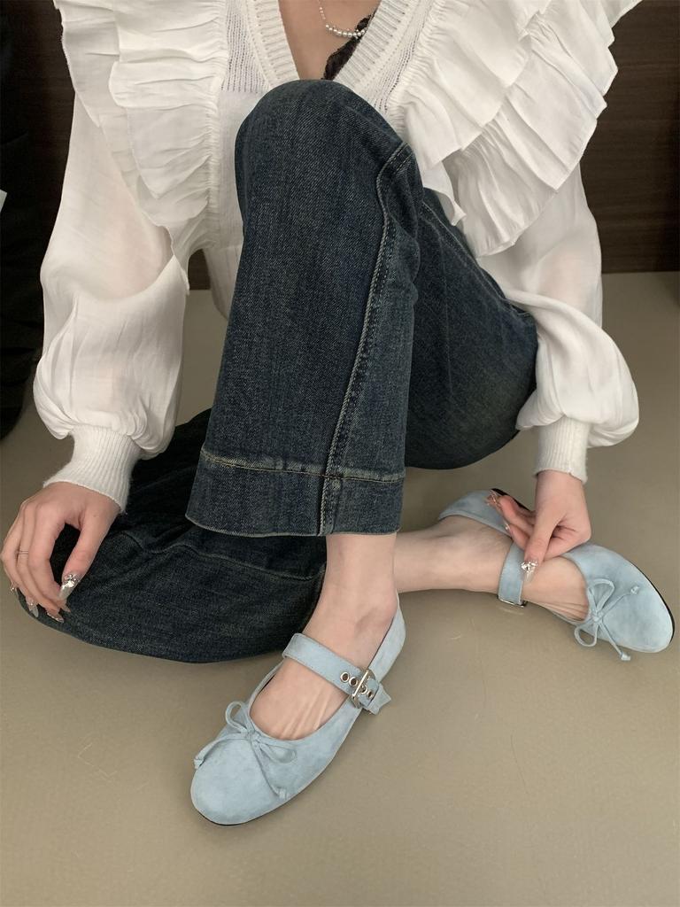 Vintage 2025 autumn shallow mouth single shoes women's new French fairy style ballet bow flat Mary Jane shoes
