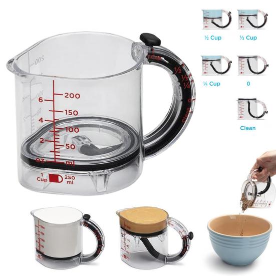 4-in-1 Adjustable Measuring Mess-free Glass Cup Measuring Cup with Scraper Edges Multi-Functional Kitchen Essential for Baking Cooking