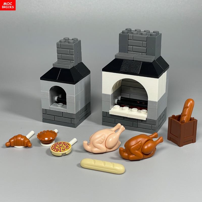 MOC Mattoncini Forno Cucina Pollo arrosto Cibo Pizza Cottura Panino ripieno al vapore Blocchi da costruzione Città Amici Giocattoli fai-da-te per Bambini