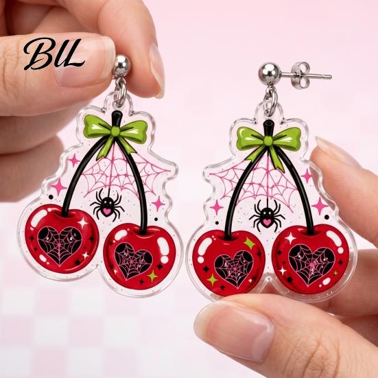 Dark Style Pendant Earrings 1 Pair Acrylic Cherry for Women, 2D Fruit Dangle Drop Halloween Party Jewelry with Spider Web And Bow, Punk Goth Aesthetic