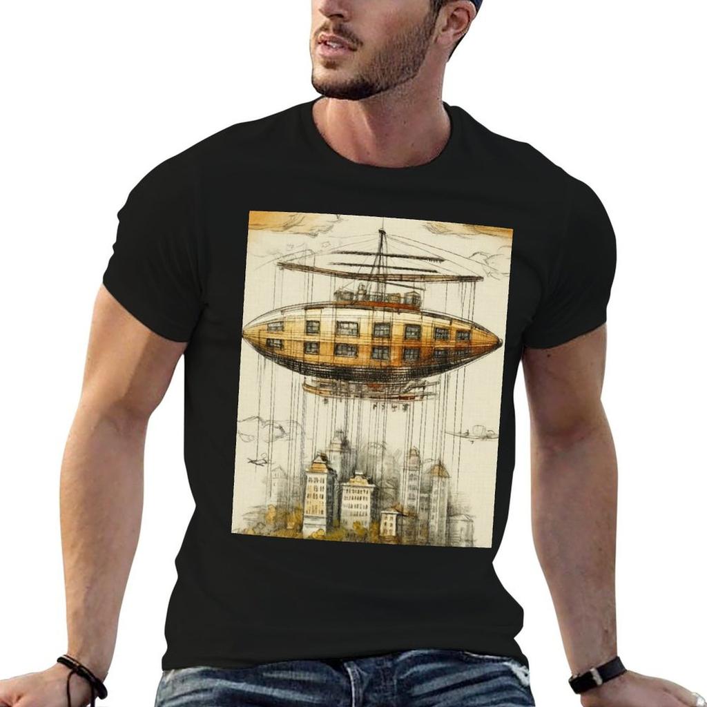 whimsical airship soaring through the skies amidst floating islands Graphic T-Shirt Urban Style Casual Short Sleeve Top