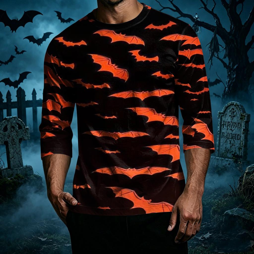 Men's Casual Halloween Print Crew Neck T-Shirt Three Quarter Sleeve Relaxed Fit Lightweight Cotton Blend Top for Everyday Wear