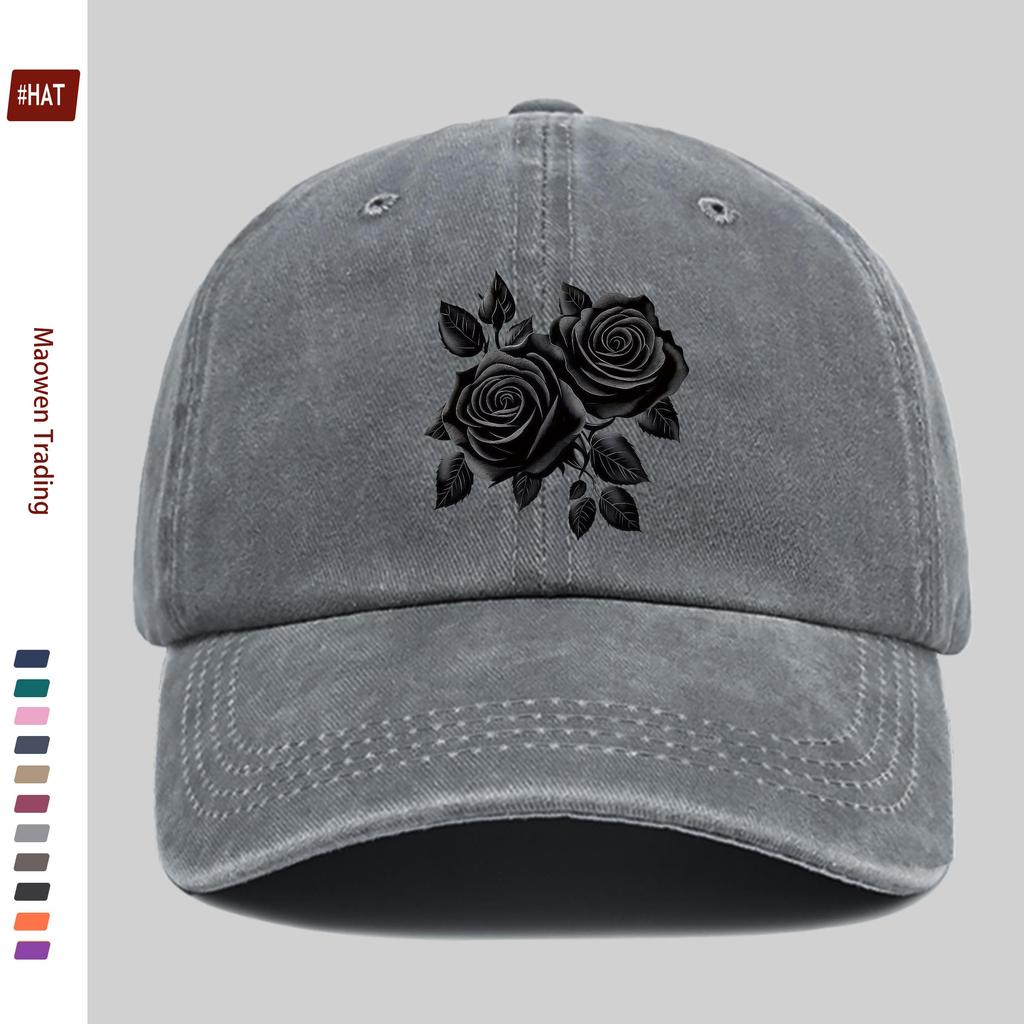 pc Elegant Black Rose Pattern Printed Baseball Cap Truck Driver Papa Hat Comfortable Lightweight Headwear Adjustable Closure