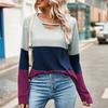 Ladies' Fashionable And Comfortable Color Blocked Hollow Out Low Round Neck Loose Long Sleeved Top