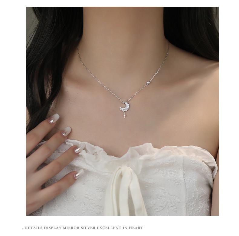 Sterling Silver S925 Star & Moon Necklace with Micro-Paved Stones and White Shell Pendant - Luxurious Valentine's Day Gift