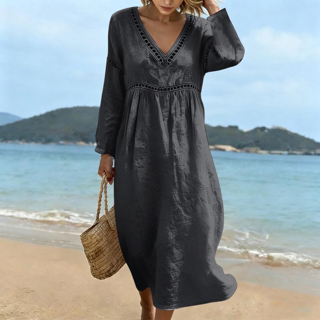 Fashionable Lady's V-neck Mid-length Casual Long-sleeved Dress
