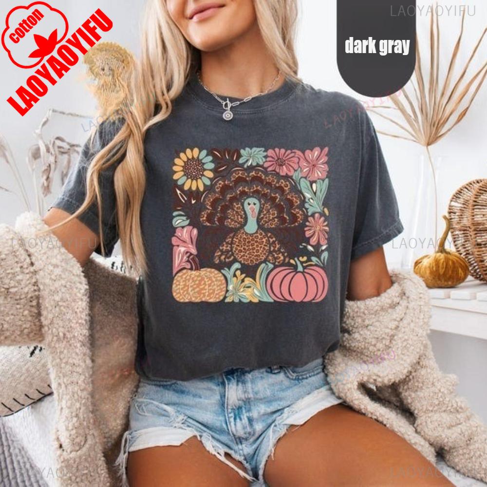Floral Turkey TShirt Thanksgiving Boho Tee Creative Design Art Aesthetics Shirt Thanksgiving Turkey Tops Women Casual Cotton T