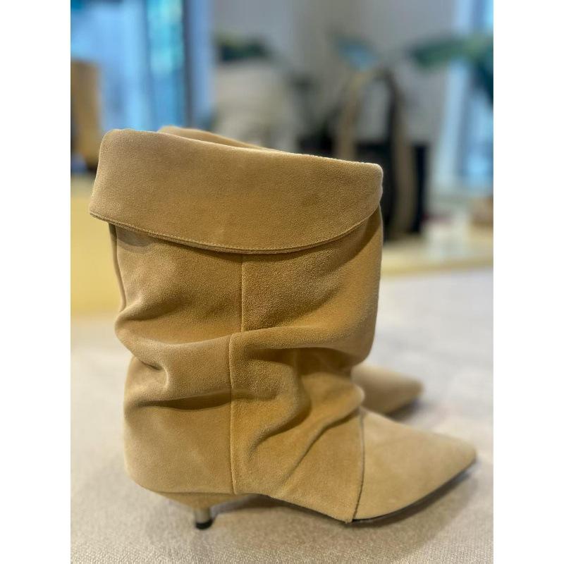 Sheepskin version~ pointed cat heel fold pile boots women's autumn and winter new fashion casual western boots versatile short boots