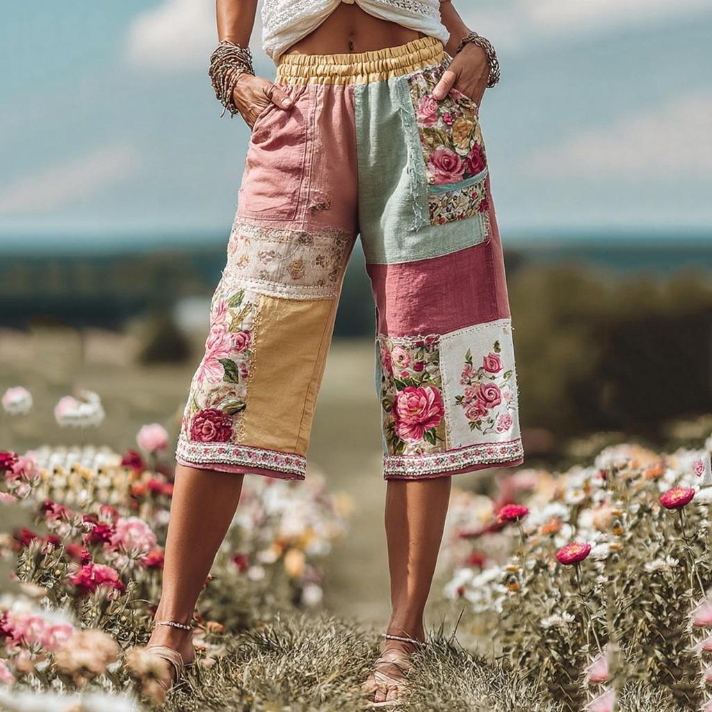 2025 Retro Floral Print Casual Women's 7-Point Pants Shorts