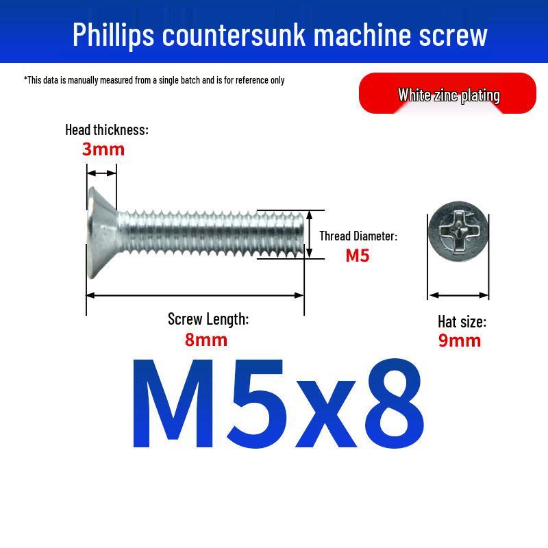 White Zinc Plated Cross Recessed Countersunk Head Screws & Bolts, Machine Thread, M3-M12