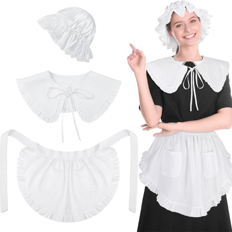 3 Pcs Colonial Apron Pilgrim Costume Set Colonial Costume Set White Mobs Caps Half Apron for Girl Maid Costume Cosplay