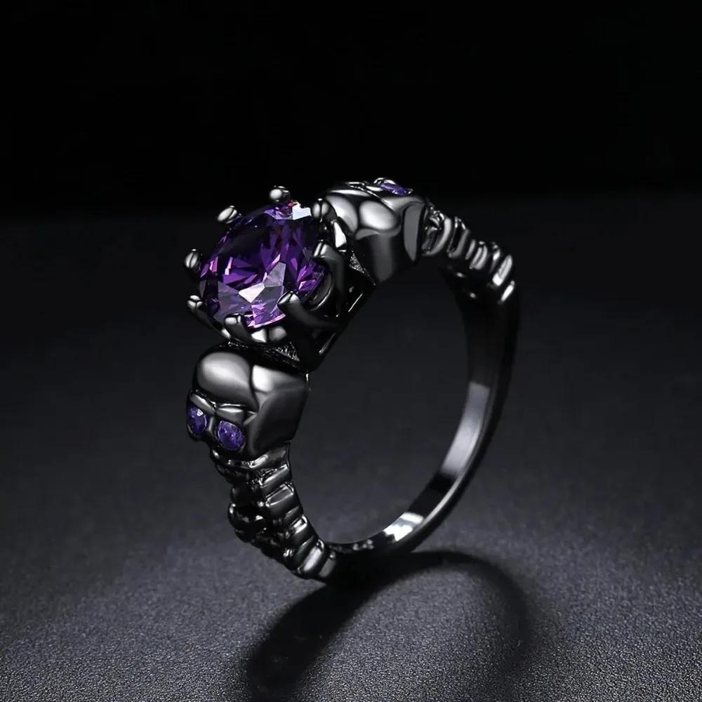 Vintage Black Gold Skull Purple Zircon Punk Ring Creative Ghost Head Fashion Jewelry for Men Women