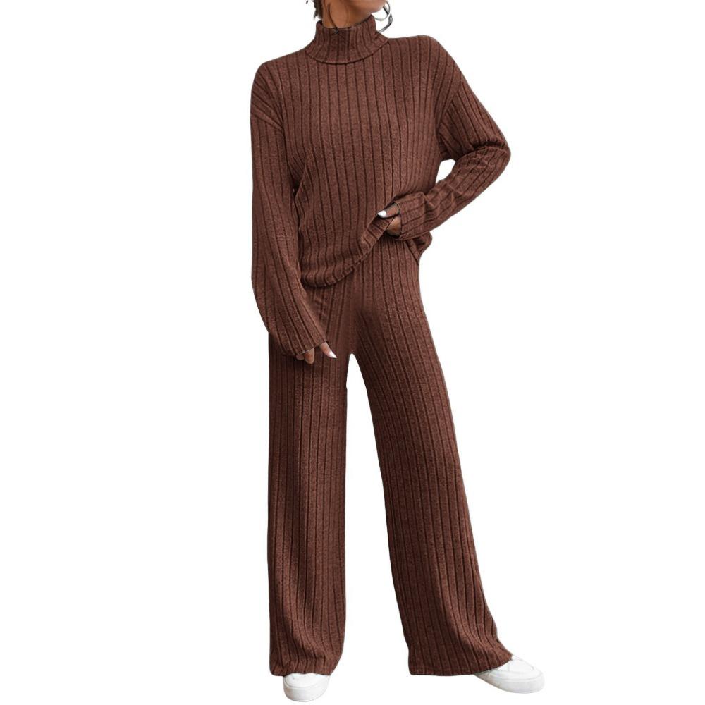 Completo casual da donna in 2 pezzi, felpa a collo alto in maglia a maniche lunghe e set di pantaloni larghi per autunno inverno