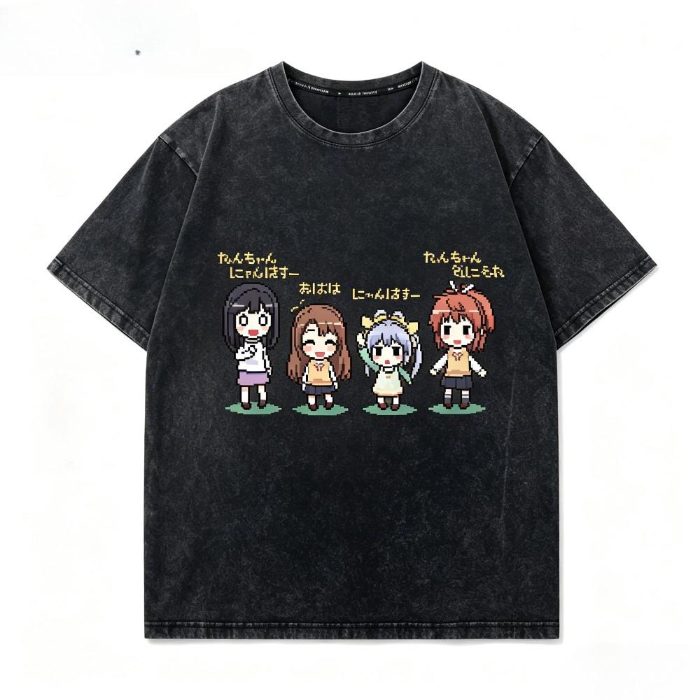 Non Non Biyori Anime T-shirt Vintage Washed Cottagecore Aesthetic Unisex Oversized Short Sleeve Summer Cotton Retro Streetwear