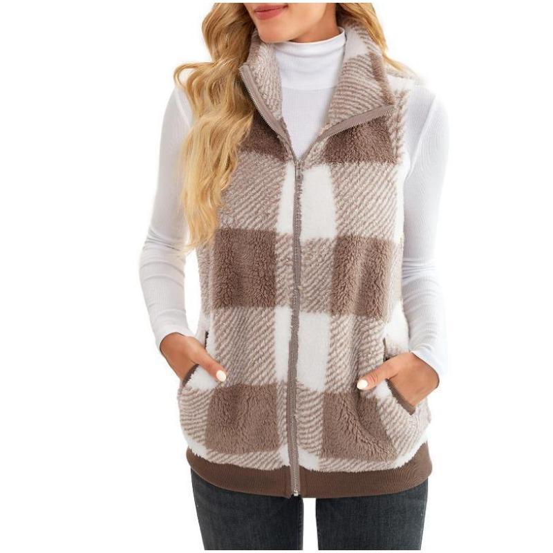 Gilet de damă, în carouri, confortabil, din lână, cu guler în picioare, fără mâneci, vestă pentru femei