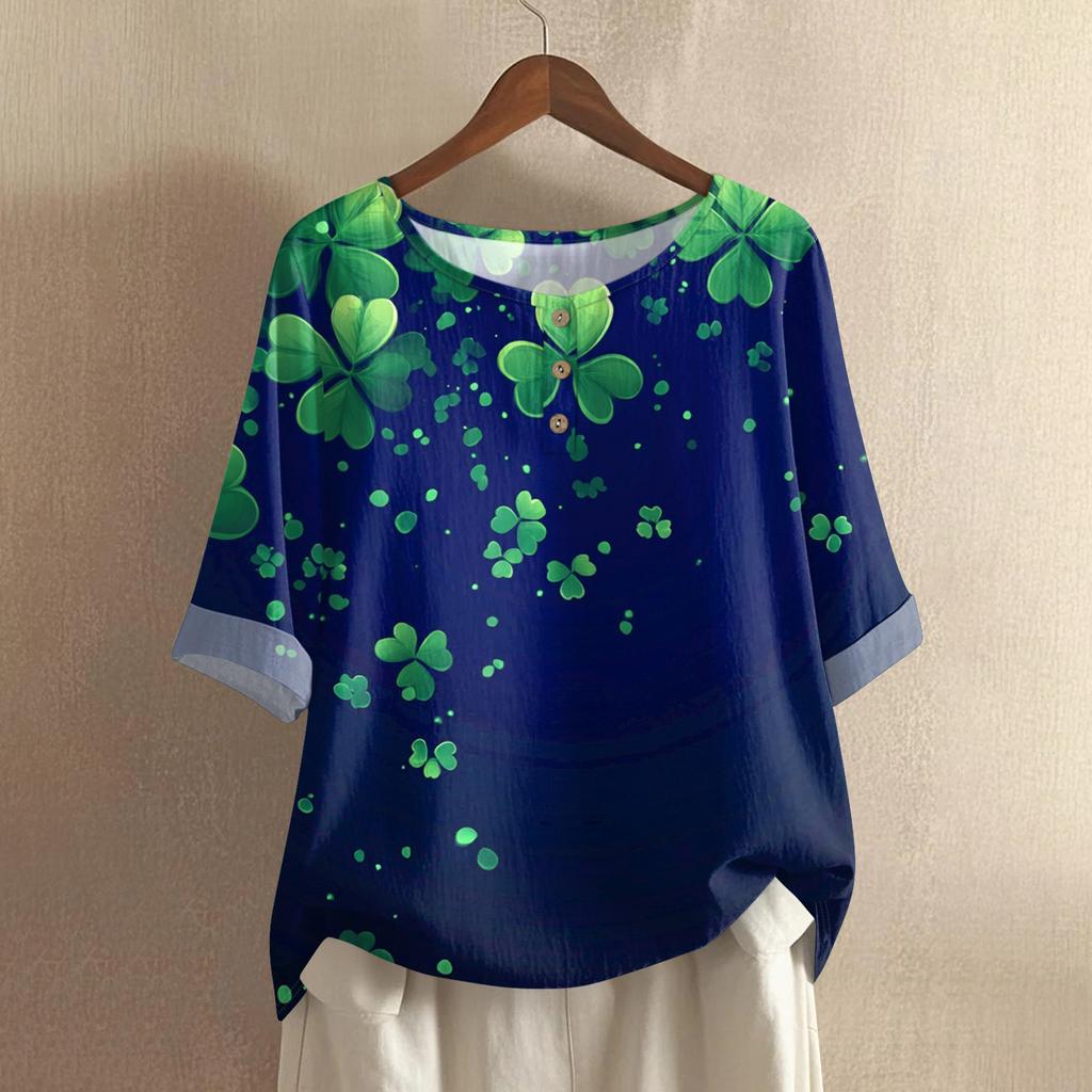 Women's Fashionable And Casual Shirt 3/4 Sleeve Round Neck Print Blouse Top