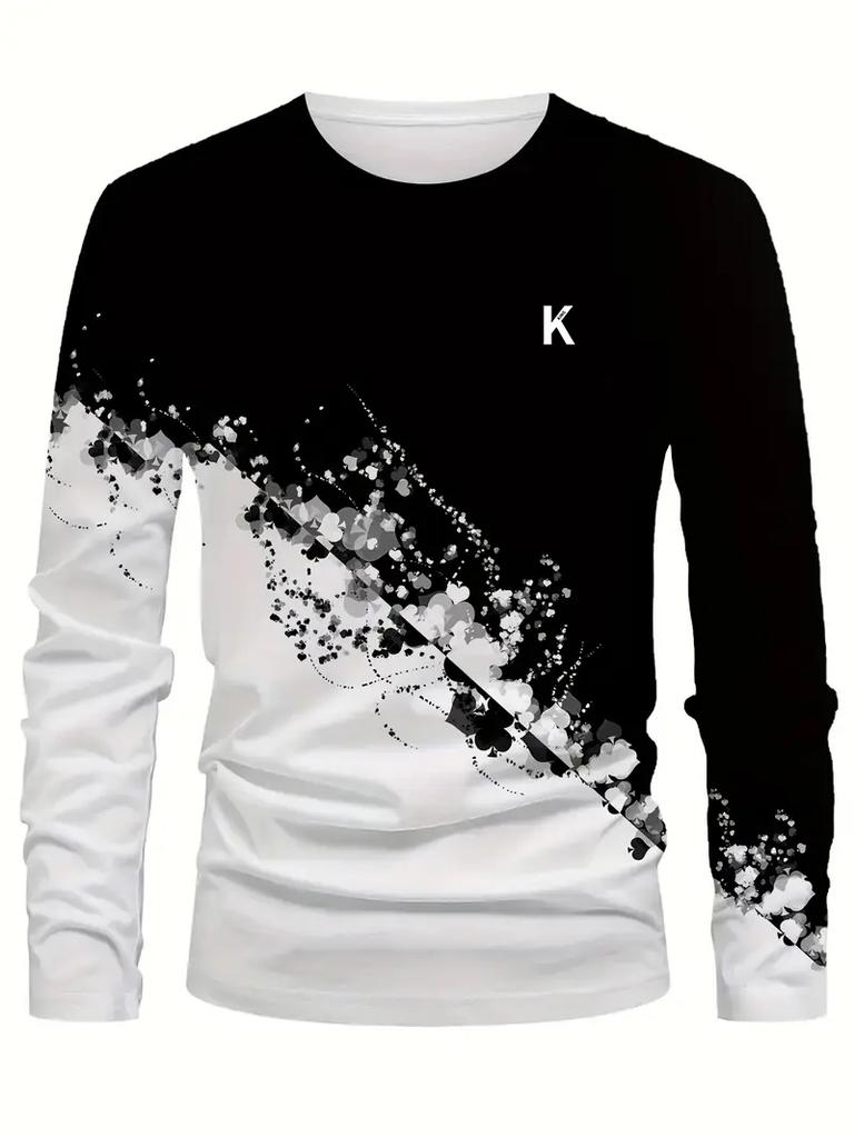 Fashionable and casual 3D digital printed men's street style round neck long sleeved T-shirt