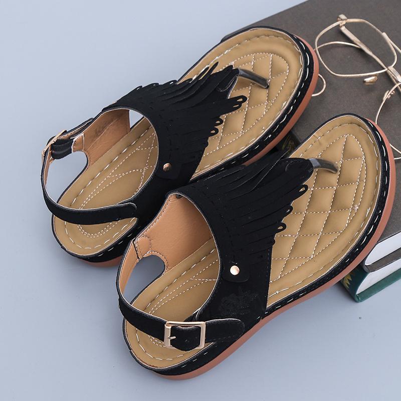 Large Size Tassel Leakage Toe Women's Sandals with Metal Needle Buckle Soft Sole Clip Toe Wedge  Zapatos De Mujer