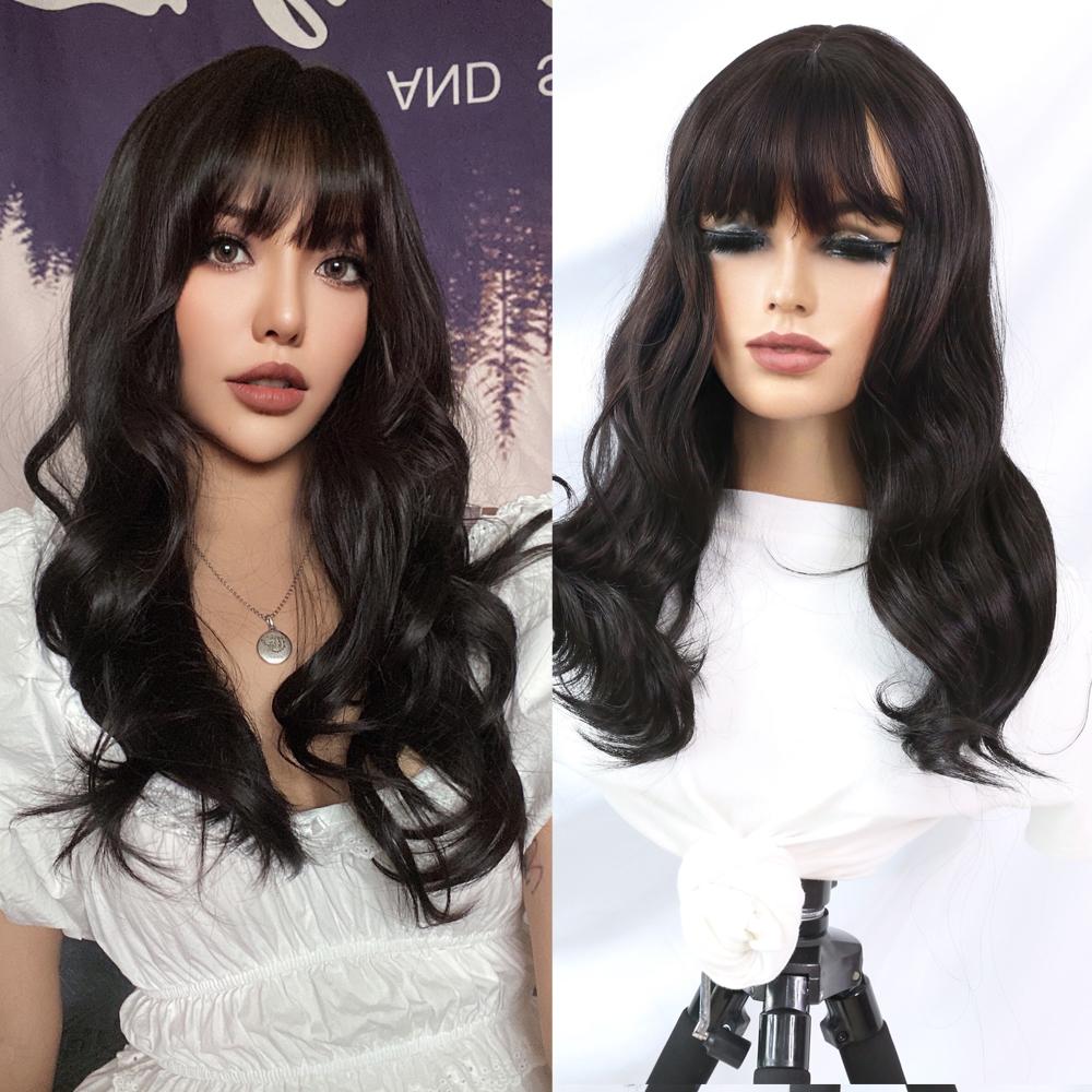 Synthetic Brazilian Brown/Black Cosplay Wig Long Wavy With Fluffy Bangs Wigs For Women To Wear Daily/Cosplay Heat-Resistant