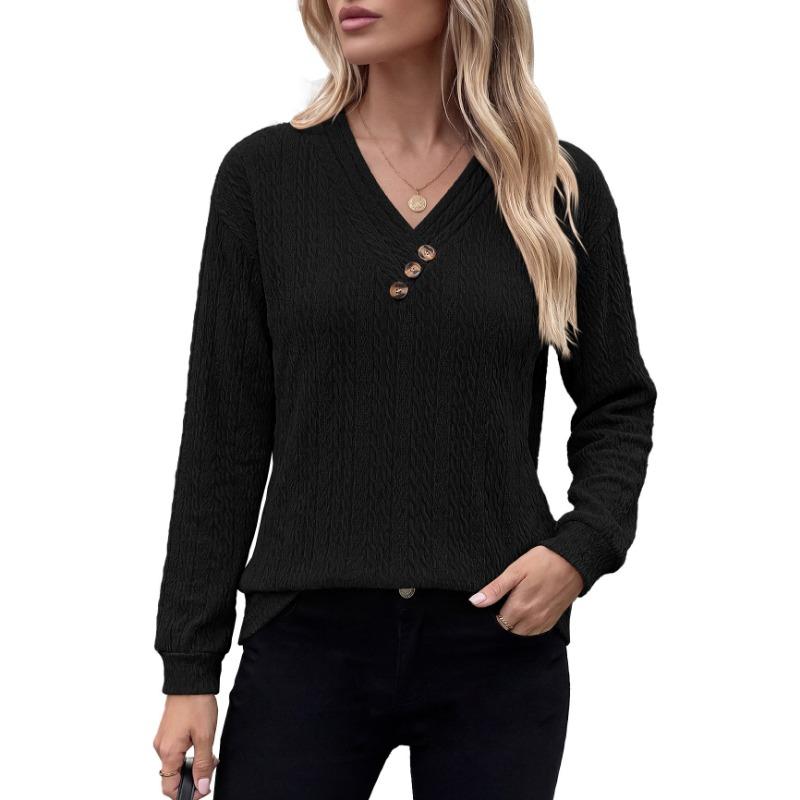 Women Solid Color V Neck Button Decoration Loose Long Sleeve Casual T Shirt Top