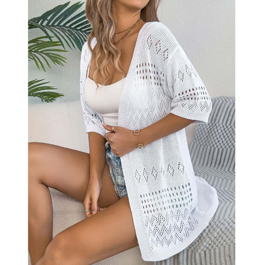 Women's Casual And Fashionable Color Hollow Out Mid Sleeve Knitted Cardigan