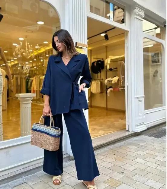 

Модные рубашки на шнуровке с высокой талией, широкие брюки, комплект для женщин, летние весенние повседневные комплекты, женские шикарные уличные наряды S темно-синий