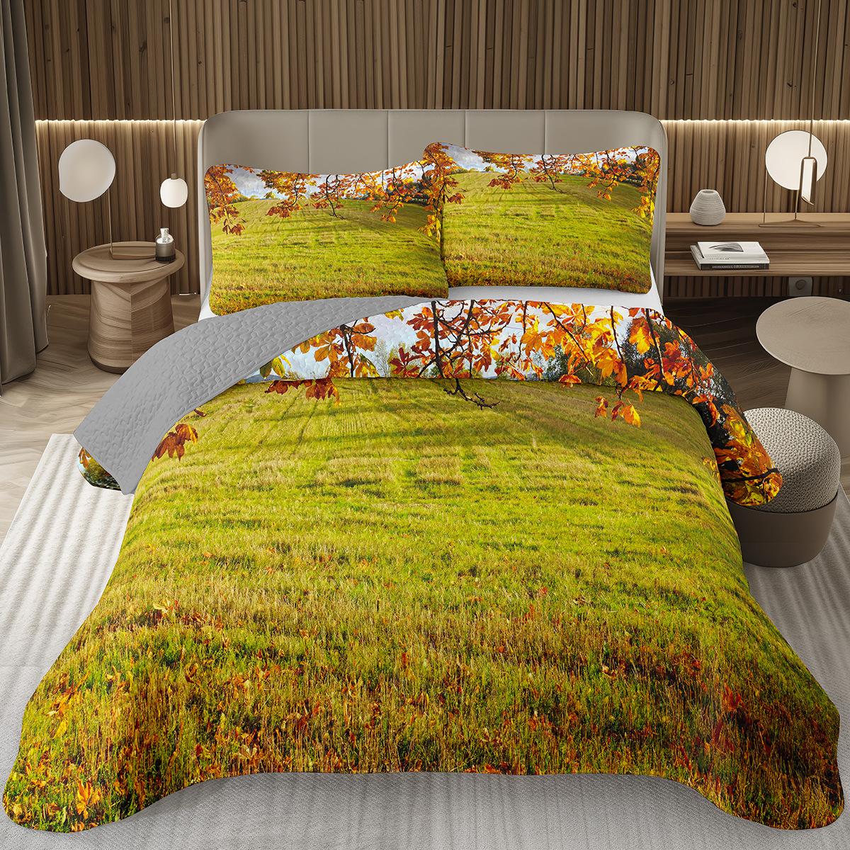 

Fall Leaves Bedspread Set Queen/Twin, Autumn Maple Leaf Quilt Set, Soft Lightweight Botanical Coverlet, Rustic Farmhouse Bedding EU Single 135x200cm