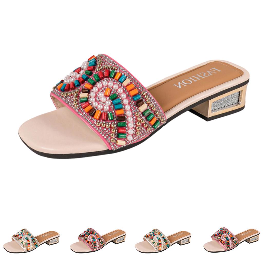 Summer Women Beaded Slide Sandals Open Toe Square Toe Low Block Heel Casual Slip On Shoes with Decorative Beads
