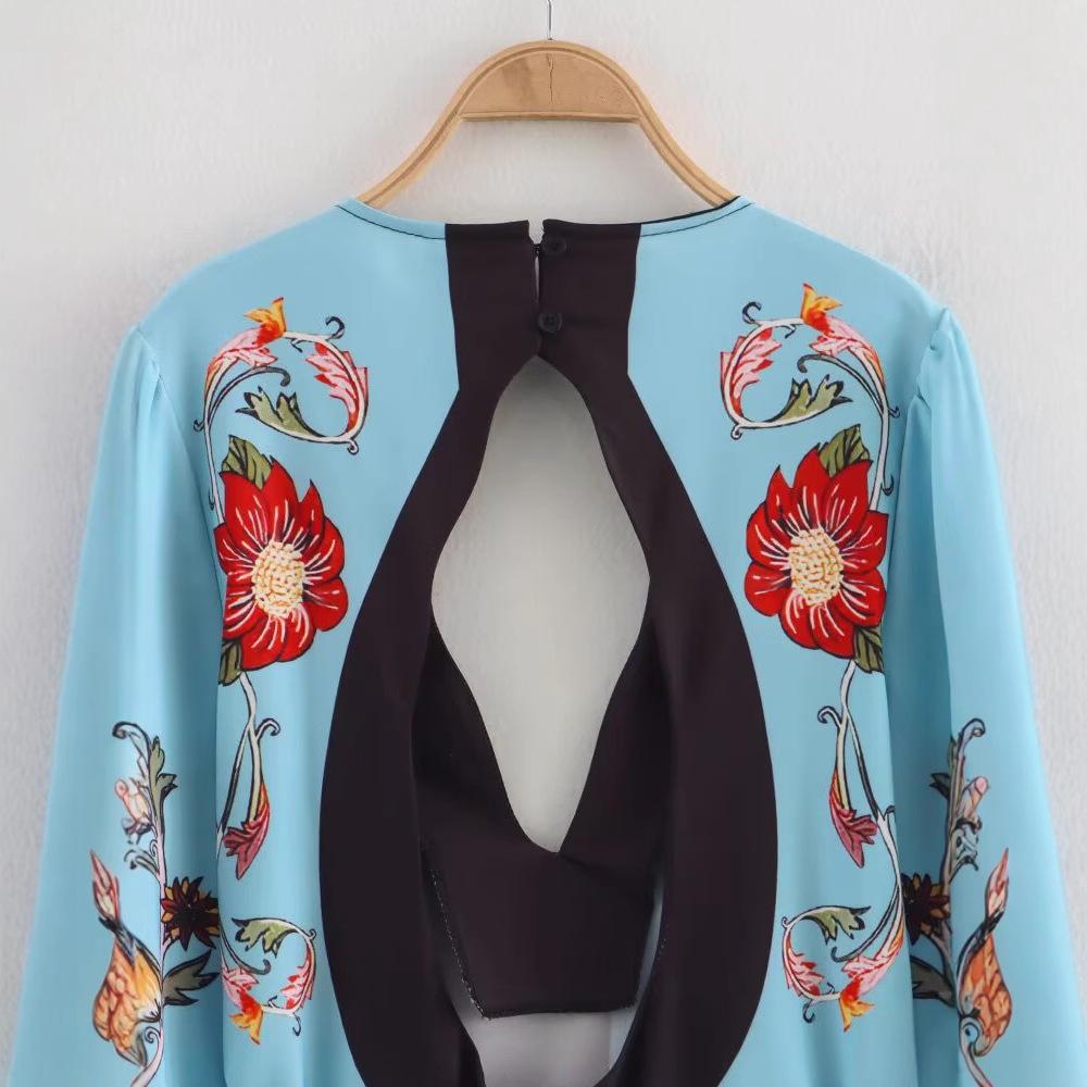 2025 Spring Women's European & American Backless Patchwork Print Waist Belt Long Dress