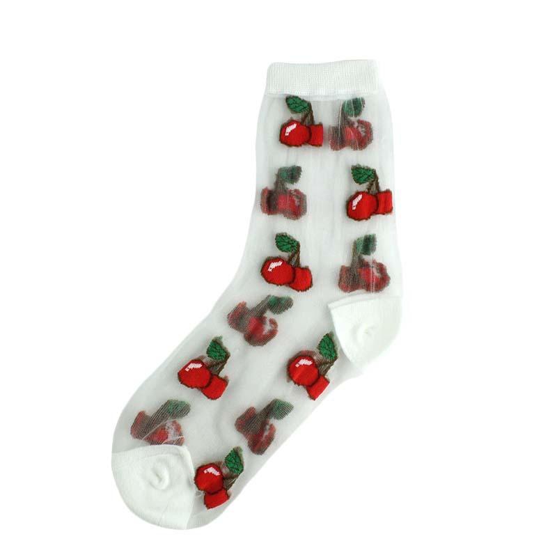 

2025 Girls Cute Cartoon Fruits Sheer Kawaii Lady Women Summer Fall Avocado Lemon Pineapple Cherry Jacquard Socks Female 34-39 вишня