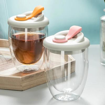 350/450ml Double Wall Glass Mug with Silicone Leak-Proof Lid Heat Insulation Clear Drink Cup Water Cups Whisky Glasses Drinkware