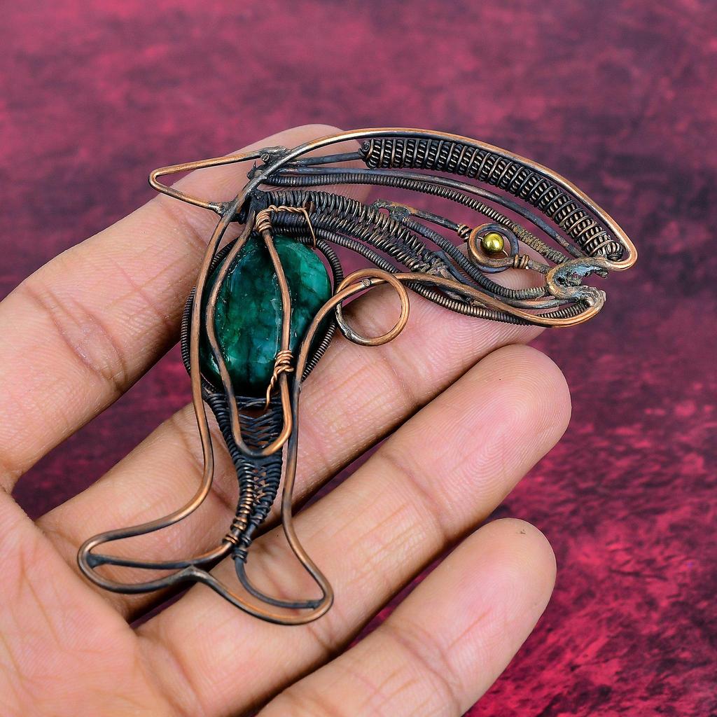 Faceted Zambian Emerald Gemstone Pendant Copper Wire Wrapped Jewelry Fish Pendant