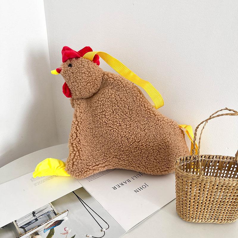 Damen Cartoon Umhängetaschen, Kreative Niedliche Hühnerförmige Tasche, Handtasche Schultertasche für Teenager-Mädchen, Plüschfell Achseltasche Geldbörse beige