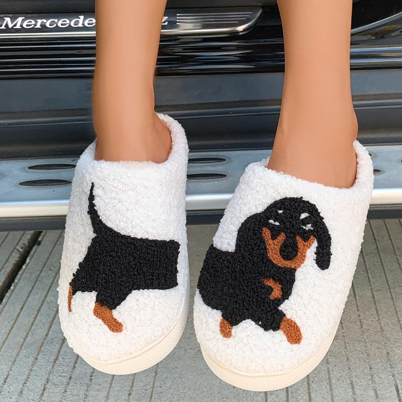 Pet Pattern Dachshund Embroidery Stuffed Home Thick Sole Plaid Furry Cotton Slippers Cute Warm Non-slip Indoor Slippers  Gift