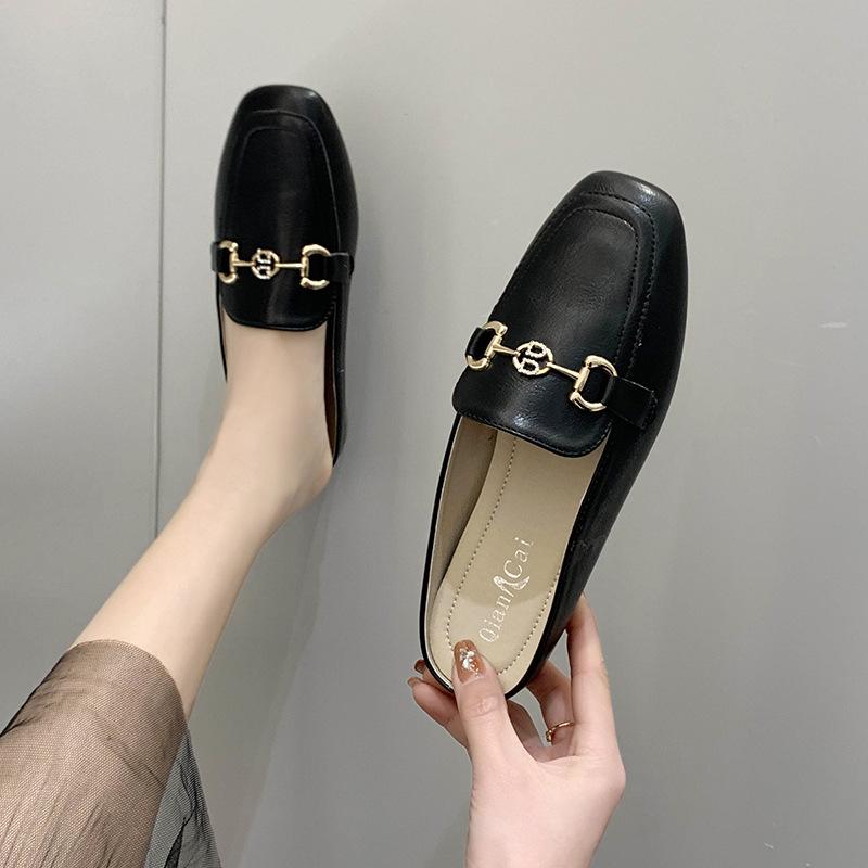 Internet celebrity bag head half slippers women's summer wear new lazy square head flat bottom half tray women's shoes