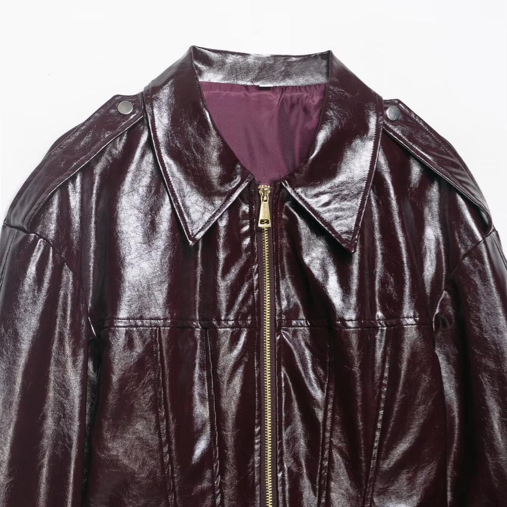 New casual fashion solid color stand-collar, shoulder-length cropped leather jacket