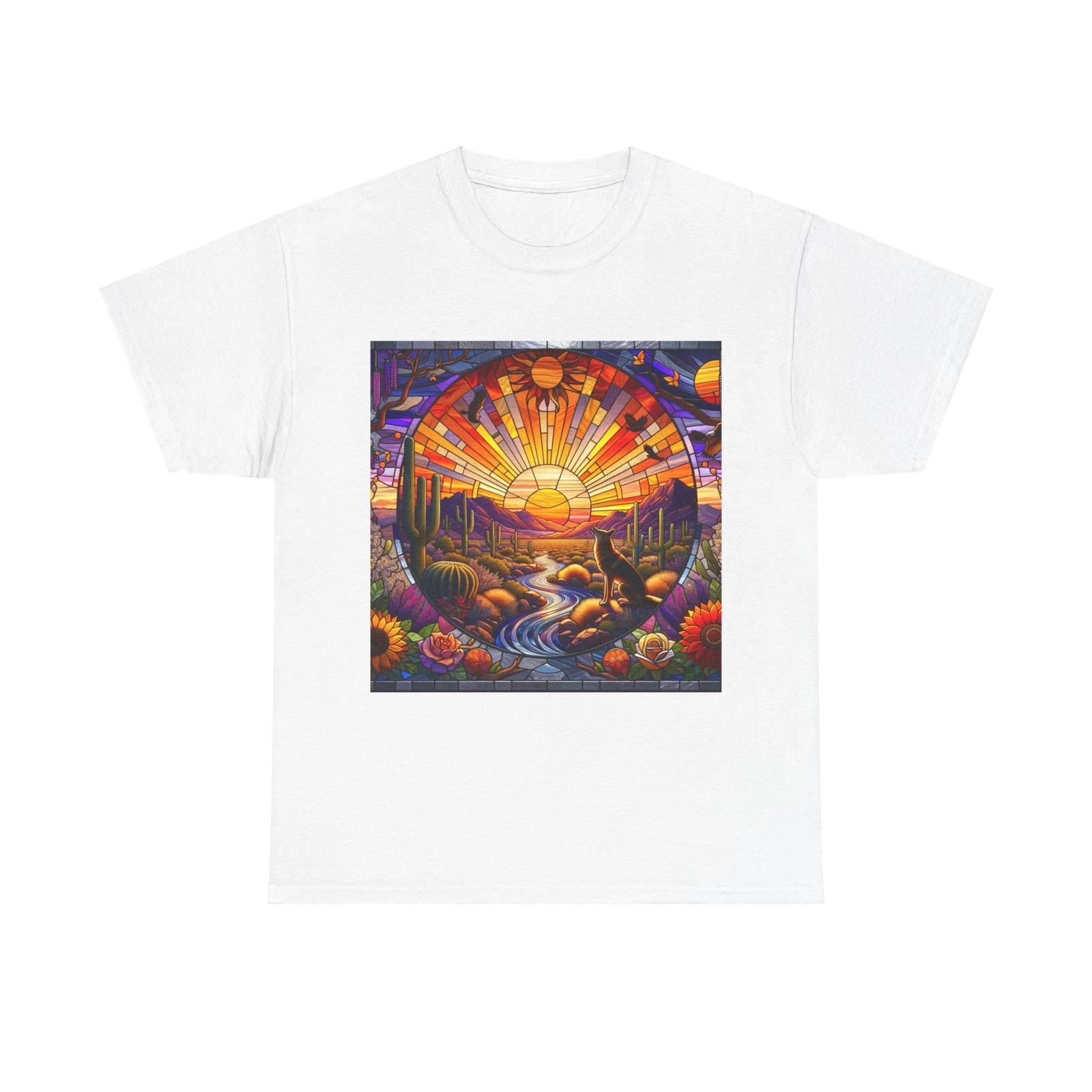 Unisex Adult T Shirt Southwestern Stained Glass Art Sunset Coyote M