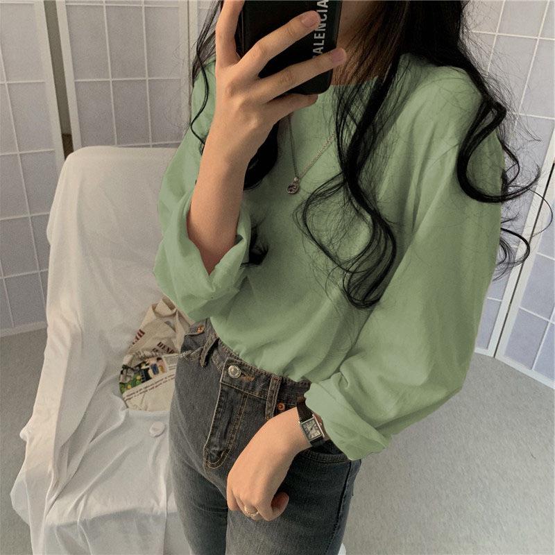 2023 Korean Style Women's Solid Color Long Sleeve T-shirt - Loose Fit, All-Match, for Spring & Autumn