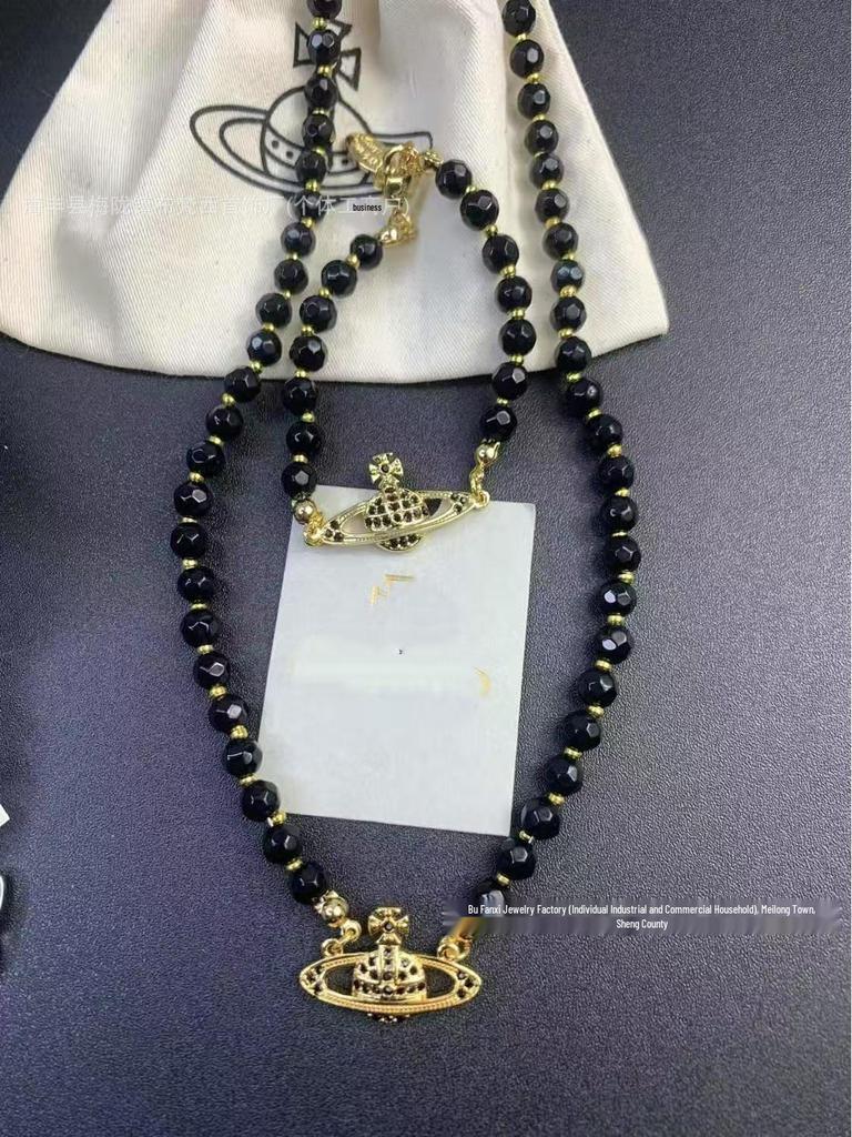 Empress Dowager Saturn Necklace: Punk Black Agate & Diamond Layered Choker for Women