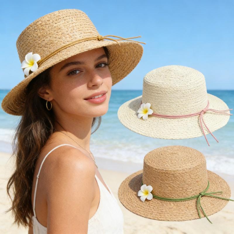 Girls Floral Ribbon Straw Hat Summer Breathable Sun Hat Women Fashion UV Protection Woven Cap