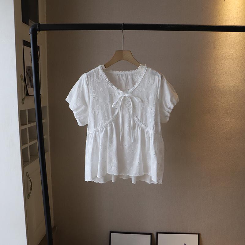 2025 Summer Korean Lace V-Neck Tie-Up Embroidered Short Sleeve Women's Shirt