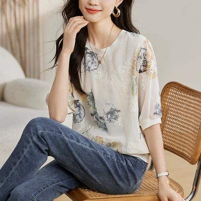 Women's Embroidery Loose Thin Chiffon T-Shirt Elegant Temperament Middle Sleeve Top