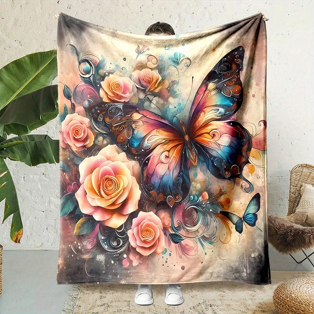 Contemporary Reversible Throw Blanket with Floral and Butterfly Print, All-Season Polyester Non-Woven Fabric, Cartoon-Themed 130x150cm