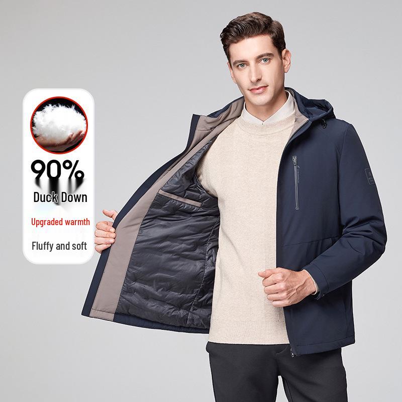 Men's Hooded Winter White Duck Down Jacket - Warm Middle-aged Business Outerwear